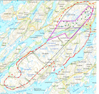 Rødt omriss viser planområdet. Lilla omriss viser området hvor det er gitt konsesjon. Grått omriss er eksisterende reguleringsplan.
 Foto: Kart fra saksutredningen