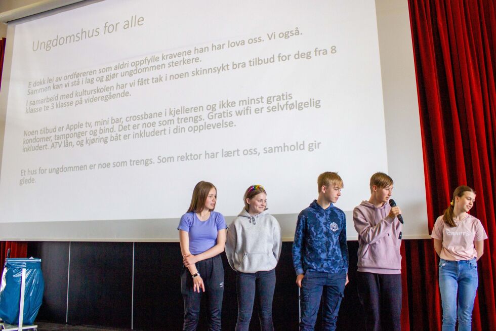 Åttendklassingene Synne, Renate, Kevin, Johan og Pia var blant de som framførte sin idé.
 Foto: Stine Vikestad