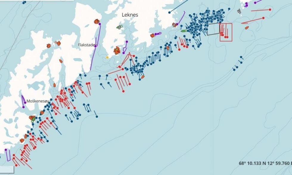 Kart over faststående redskaper i Lofoten 16. april 2020