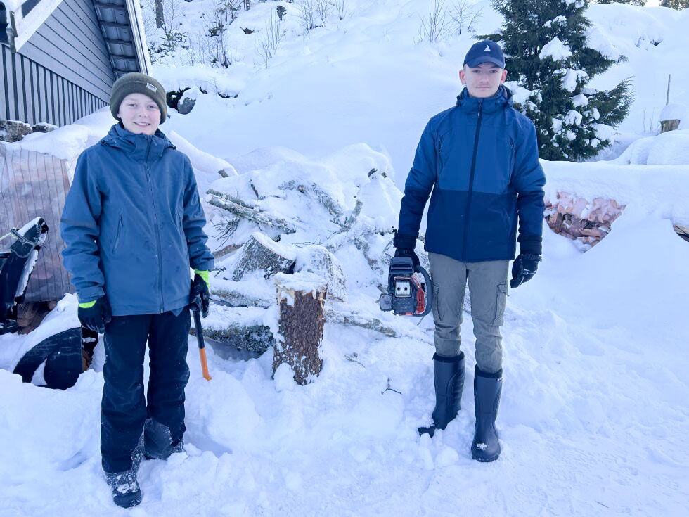 Felix Strøm Aakvik (13) og Lucas Lande (15) synes det er artig å rydde skog og tjene penger på det.
 Foto: Lillian Lyngstad