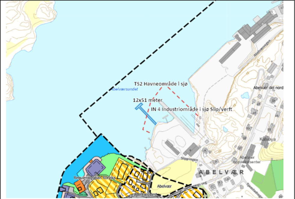 Den 51 meter lange flytekaia er planlagt ved Abelvær slip.
 Foto: Utsnitt av tiltaket i forhold til reguleringsplan