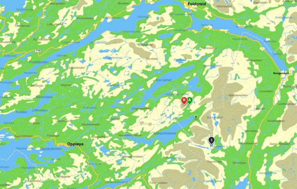Siste observasjon på peileren er i nærheten av punkt A.
 Kart: Gule sider