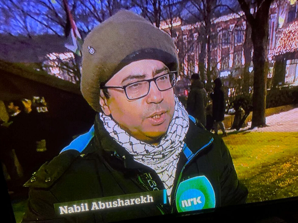 Nabil Abusharekh ble intervjuet av NRK 21. februer. Dette var den første dagen av sultestreiken for Gaza.
 Foto: Skjermdump fra NRK, Dagsrevyen.
