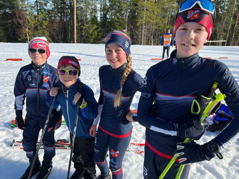 Søskenbarn på skirenn. Magnus Nilsen Alstad, Even NIlsen, Elise NIlsen Alstad og Birk Nilsen.
 Foto: Lillian Lyngstad