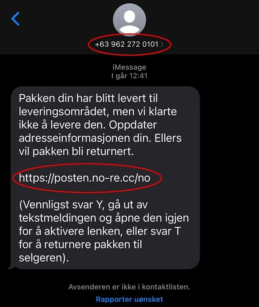 RØDE FLAGG: Telefonnummeret til avsender er det første varselet om at dette er et svindelforsøk. Epostadressen kan ved første øyekast se legitim ut, men den er også falsk.
 Foto: Skjermdump