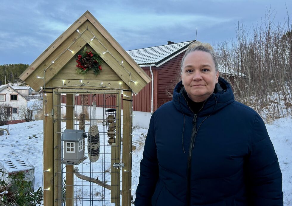 Fôringshuset, bygget av mannen til Siw, er designet for å hindre kråker og skjærer i å stjele maten fra småfuglene.
 Foto: Kristin Storfjord