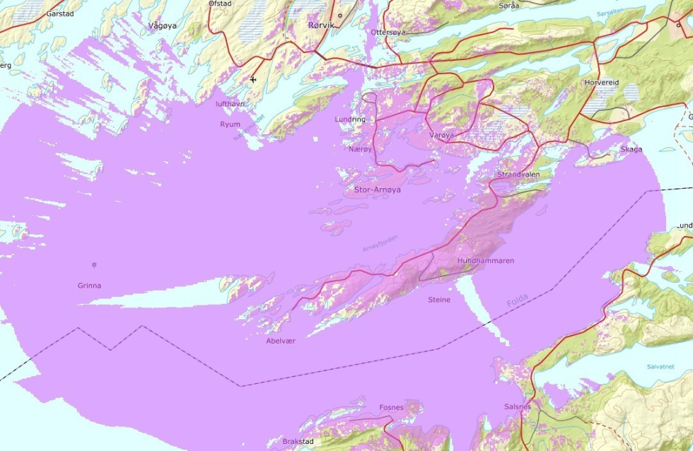 Kartet viser 5G-dekningen i lilla farge.
 Foto: Telia
