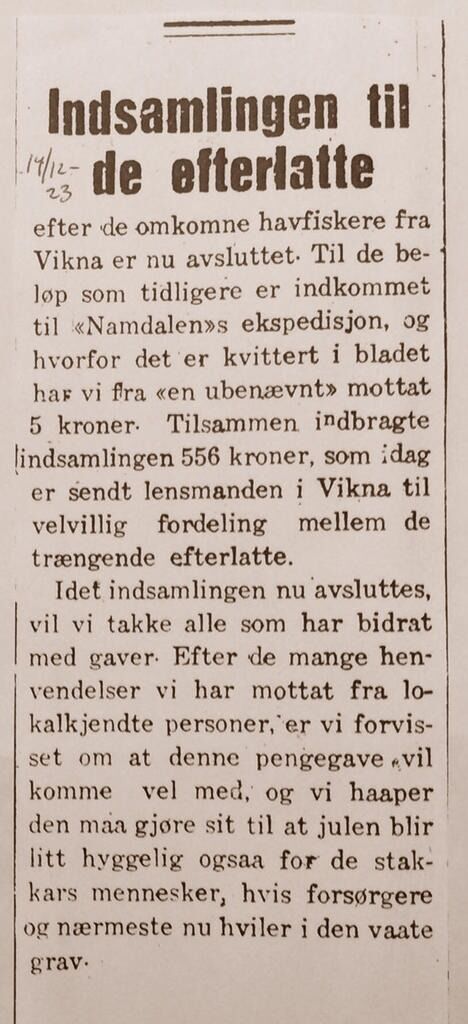 Avisa Namdalen startet en innsamlingsaksjon for de etterlatte.
 faksimile