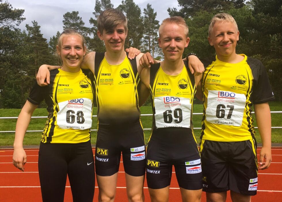 Disse utøverne fra KIL friidrett gjord det godt under helgas BDO-leker på Stjørdal. Fra venstre: Karen Helene Stevik, John Petter Stevik, Jonas Flasnes og Markus Flasnes.