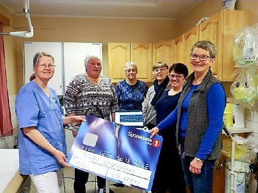 Liv Schjelderup ved Nærøy legekontor fikk overrakt sjekken fra LHL ved Bente Holm. Bak ser vi Sigrun Livik, Britt Øren, Dagrun Valan og Guri Salgvik.
 Foto: privat