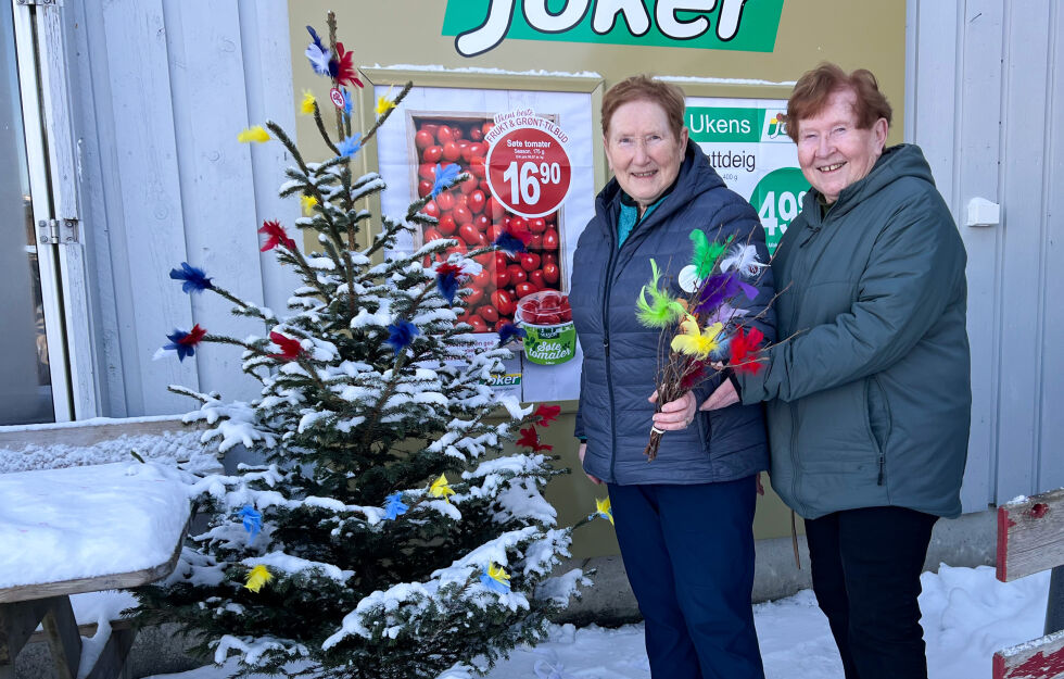 - Ble det ikke fint? sier søstrene Kirsti og Marit Østby som har pyntet det gamle juletreet på utsiden av butikken.
 Foto: Knut Sandersen